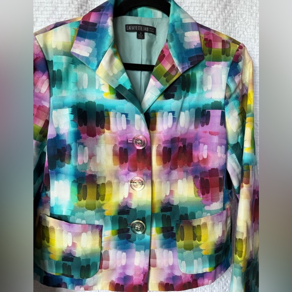 Lafayette 148 New York Watercolor Abstract Cropped Blazer Size 10 - Picture 3 of 10